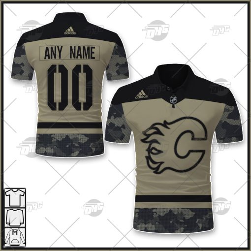 Personalized NHL Calgary Flames Camo Military Appreciation Team Authentic Custom Polo Jersey