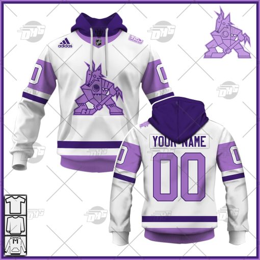 Personalized NHL Jersey Arizona Coyotes White/Purple Hockey Fights Cancer Primegreen Custom Jersey