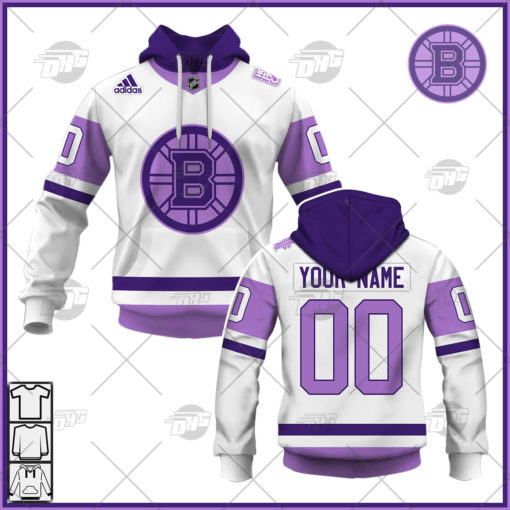 Personalized NHL Jersey Boston Bruins White/Purple Hockey Fights Cancer Primegreen Custom Jersey