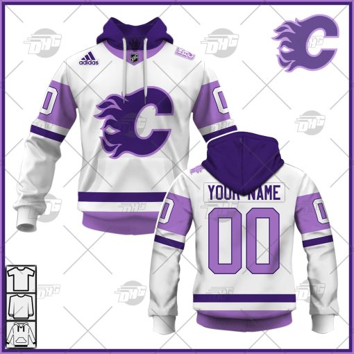 Personalized NHL Jersey Calgary Flames White/Purple Hockey Fights Cancer Primegreen Custom Jersey