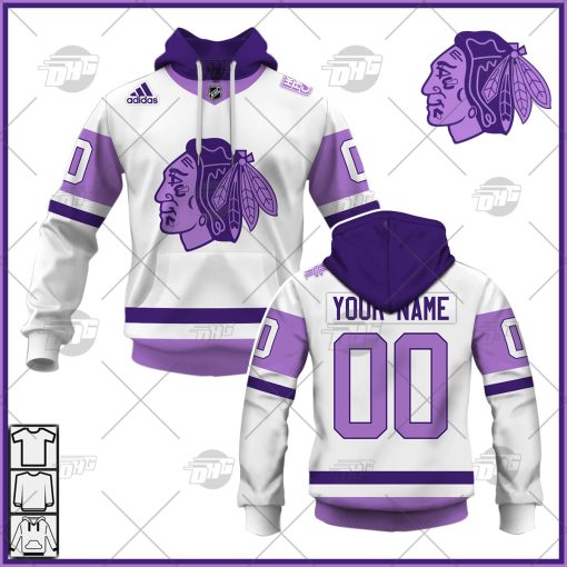 Personalized NHL Jersey Chicago Blackhawks White/Purple Hockey Fights Cancer Primegreen Custom Jersey