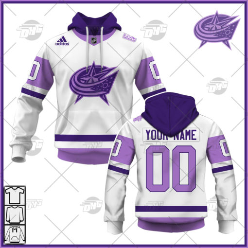Personalized NHL Jersey Columbus Blue Jackets White/Purple Hockey Fights Cancer Primegreen Custom Jersey