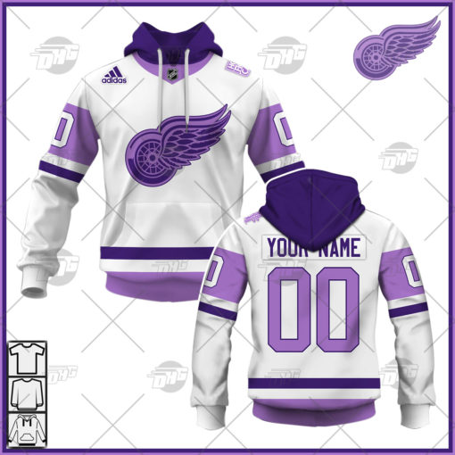 Personalized NHL Jersey Detroit Red Wings White/Purple Hockey Fights Cancer Primegreen Custom Jersey