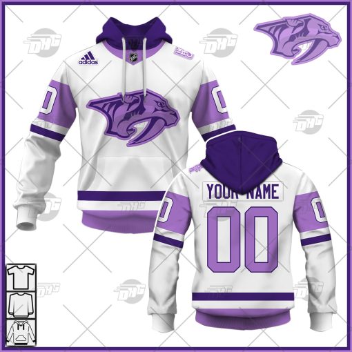 Personalized NHL Jersey Nashville Predators White/Purple Hockey Fights Cancer Primegreen Custom Jersey