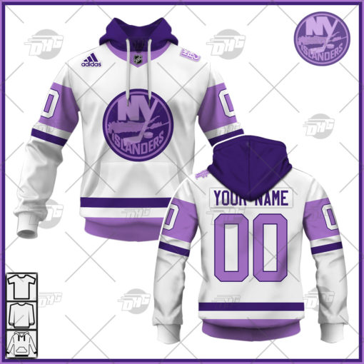 Personalized NHL Jersey New York Islanders White/Purple Hockey Fights Cancer Primegreen Custom Jersey