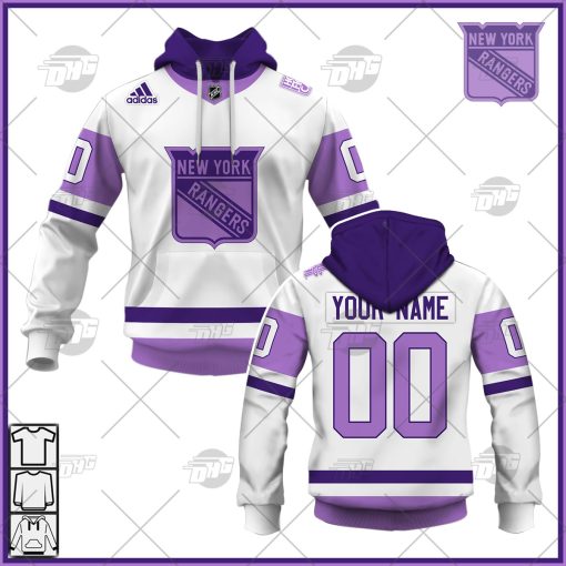 Personalized NHL Jersey New York Rangers White/Purple Hockey Fights Cancer Primegreen Custom Jersey