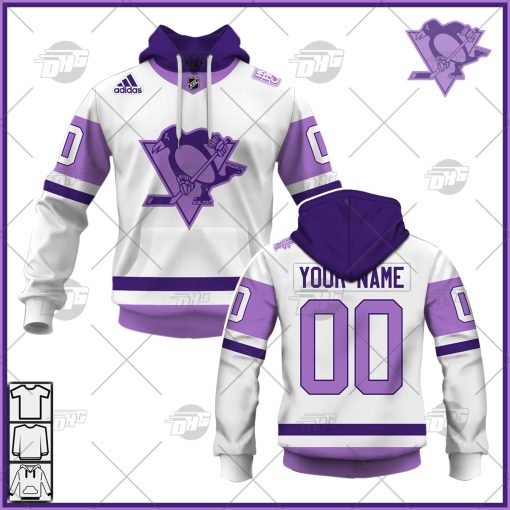 Personalized NHL Jersey Pittsburgh Penguins White/Purple Hockey Fights Cancer Primegreen Custom Jersey