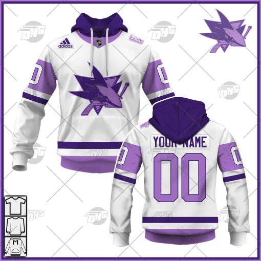 Personalized NHL Jersey San Jose Sharks White/Purple Hockey Fights Cancer Primegreen Custom Jersey