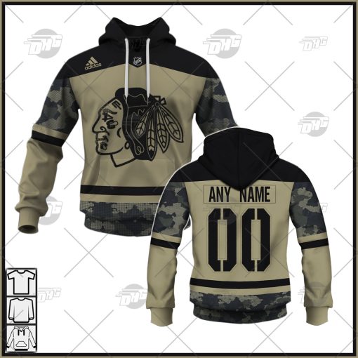 Personalized NHL Chicago Blackhawks Camo Military Appreciation Team Authentic Custom Practice Jersey Hoodie