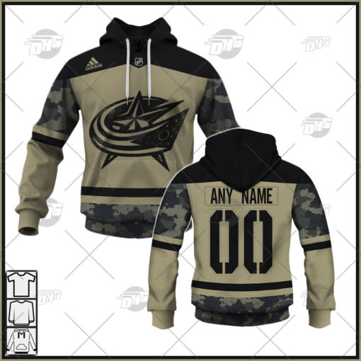Personalized NHL Columbus Blue Jackets Camo Military Appreciation Team Authentic Custom Practice Jersey Hoodie