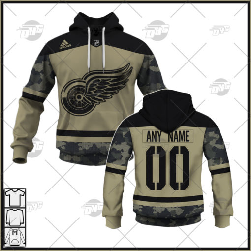 Personalized NHL Detroit Red Wings Camo Military Appreciation Team Authentic Custom Practice Jersey Hoodie