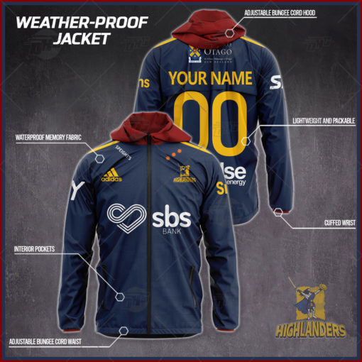 Personalised Super Rugby Otago Highlanders Weather Proof Jacket Rain Proof Jacket