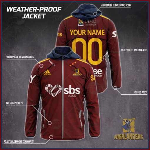 Personalised Super Rugby Otago Highlanders Weather Proof Jacket Rain Proof Jacket
