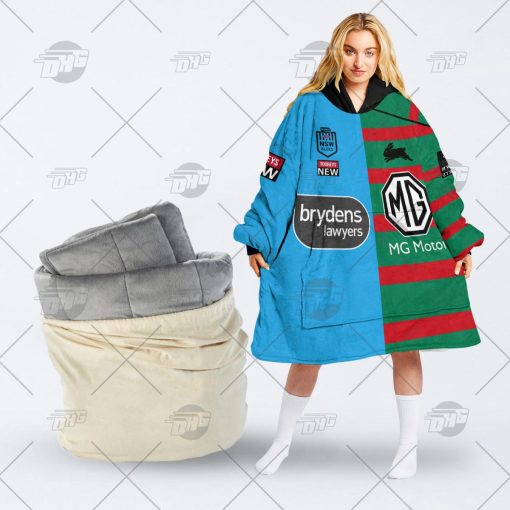 Personalise SOO NSW Blues To NRL South Sydney Rabbitohs Half and Half Split Jersey 2022 oodie blanket hoodie snuggie