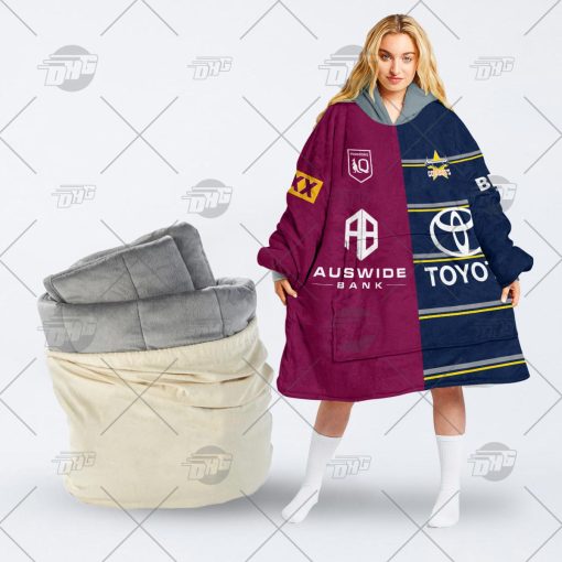 Personalise QLD Maroons To NRL North Queensland Cowboys Half and Half Split Jersey 2022 oodie blanket hoodie snuggie