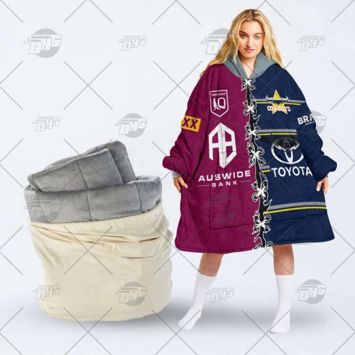 Personalise SOO QLD Maroons To NRL North Queensland Cowboys Half and Half Split oodie blanket hoodie snuggie