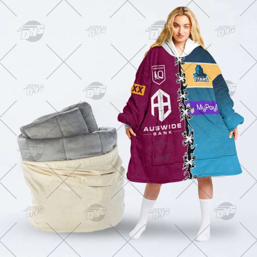 Personalise SOO QLD Maroons To NRL Gold Coast Titans Half and Half Split oodie blanket hoodie snuggie