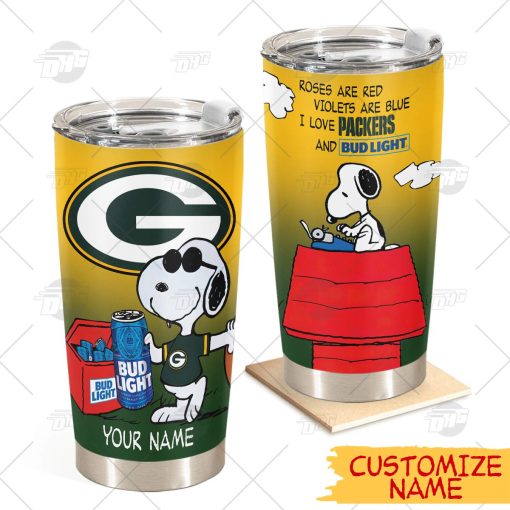 Personalized NFL Green Bay Packers Tumbler Snoopy BUD LIGHT Beer Lover Stainless Steel Tumbler 20oz 30oz
