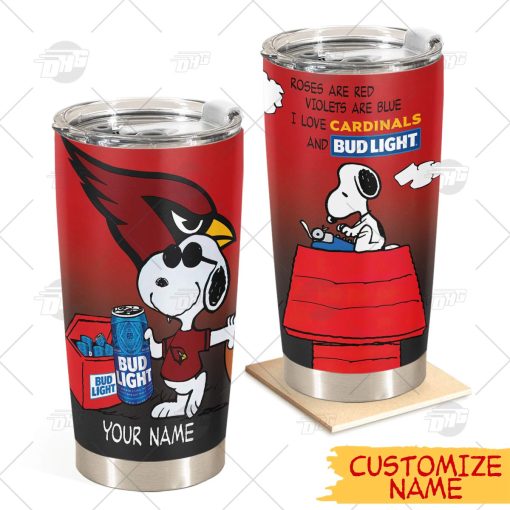 Personalized NFL Arizona Cardinals Tumbler Snoopy BUD LIGHT Beer Lover Stainless Steel Tumbler 20oz 30oz