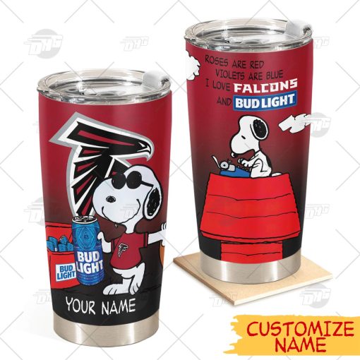 Personalized NFL Atlanta Falcons Tumbler Snoopy BUD LIGHT Beer Lover Stainless Steel Tumbler 20oz 30oz