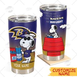 Personalized NFL Baltimore Ravens Tumbler Snoopy BUD LIGHT Beer Lover Stainless Steel Tumbler 20oz 30oz