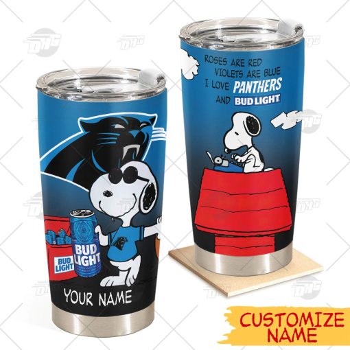 Personalized NFL Carolina Panthers Tumbler Snoopy BUD LIGHT Beer Lover Stainless Steel Tumbler 20oz 30oz