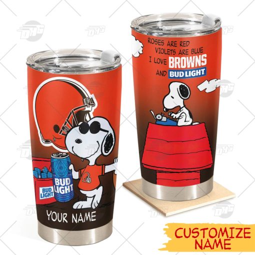 Personalized NFL Cleveland Browns Tumbler Snoopy BUD LIGHT Beer Lover Stainless Steel Tumbler 20oz 30oz