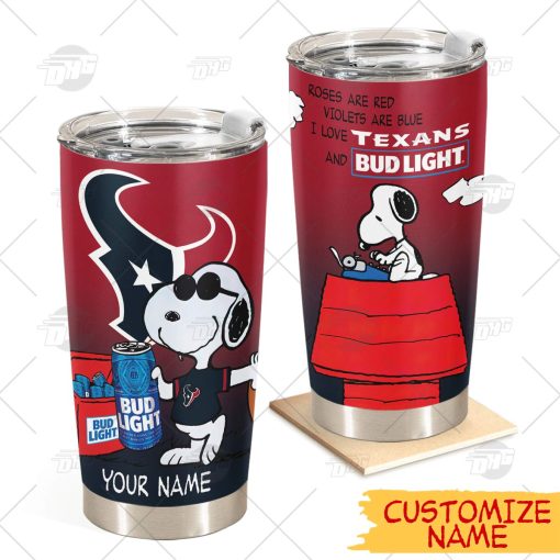 Personalized NFL Houston Texans Tumbler Snoopy BUD LIGHT Beer Lover Stainless Steel Tumbler 20oz 30oz Bestseller