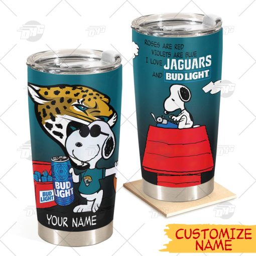 Personalized NFL Jacksonville Jaguars Tumbler Snoopy BUD LIGHT Beer Lover Stainless Steel Tumbler 20oz 30oz Bestseller