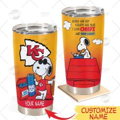 Personalized NFL Kansas City Chiefs Tumbler Snoopy BUD LIGHT Beer Lover Stainless Steel Tumbler 20oz 30oz Bestseller