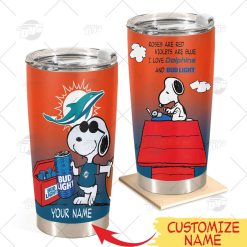 Personalized NFL Miami Dolphins Tumbler Snoopy BUD LIGHT Beer Lover Stainless Steel Tumbler 20oz 30oz